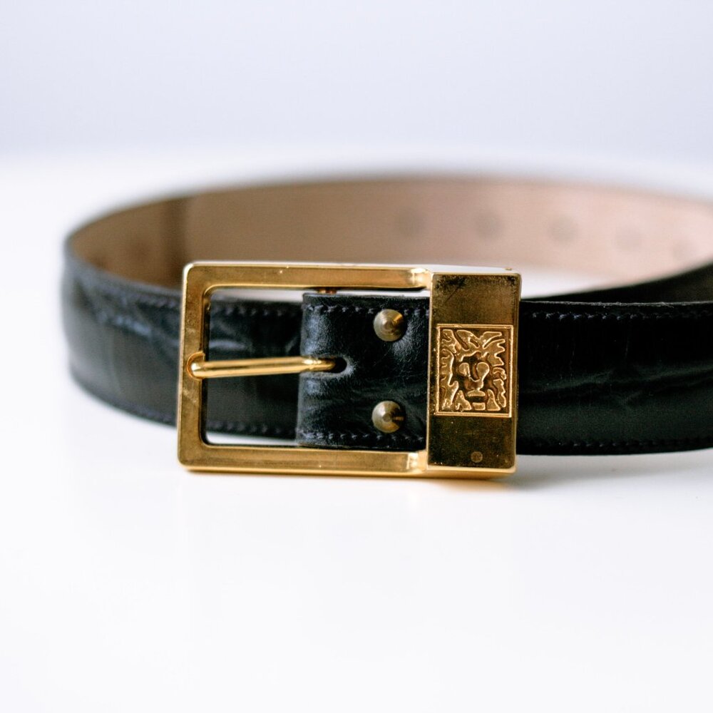 Anne Klein Midnight Blue Leather Belt With Iconic Lion Engraved On Brass Buckle